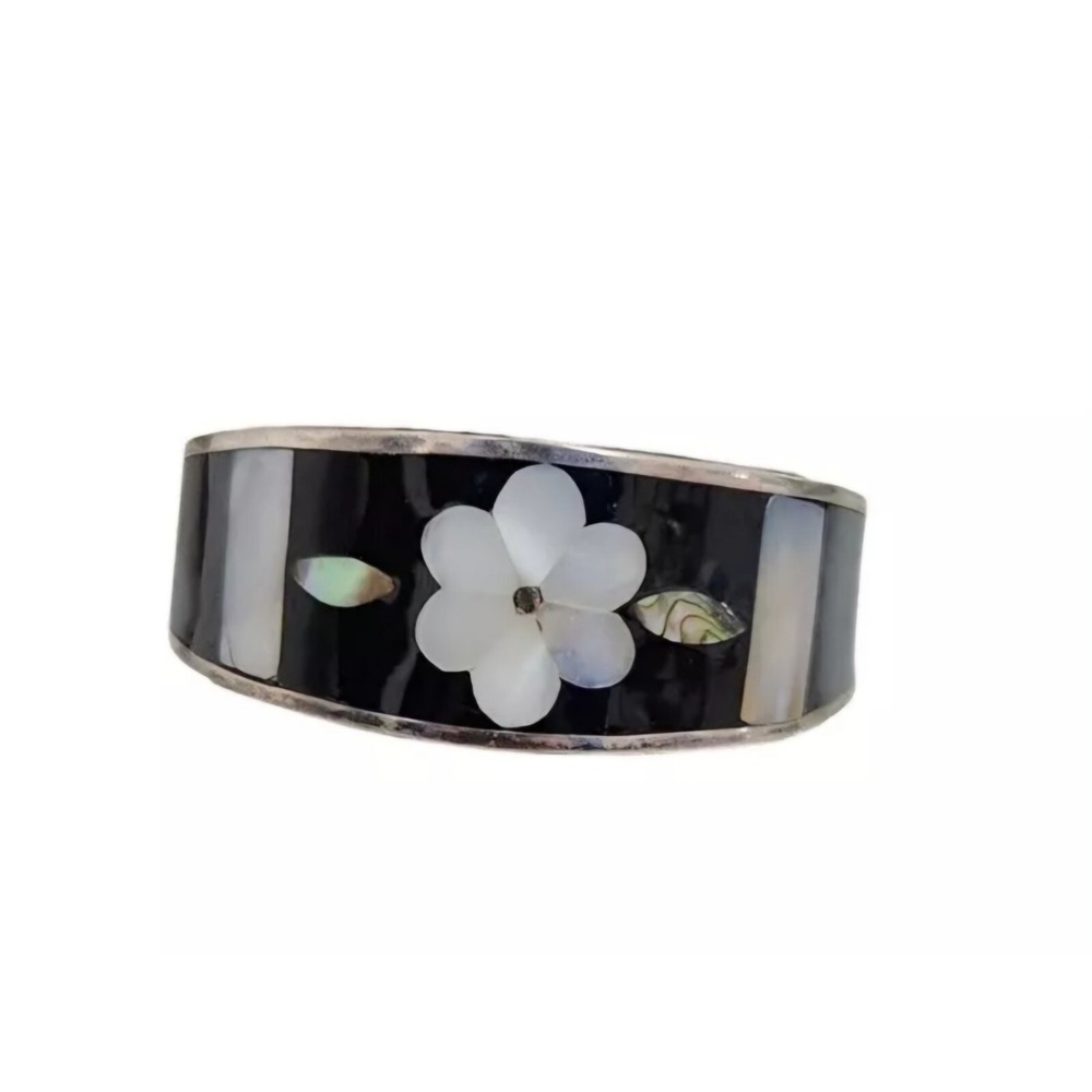 Mexico Silver Cuff Bracelet w/ Mother of Pearl Flower Inlay MOP Abalone‎ Accents